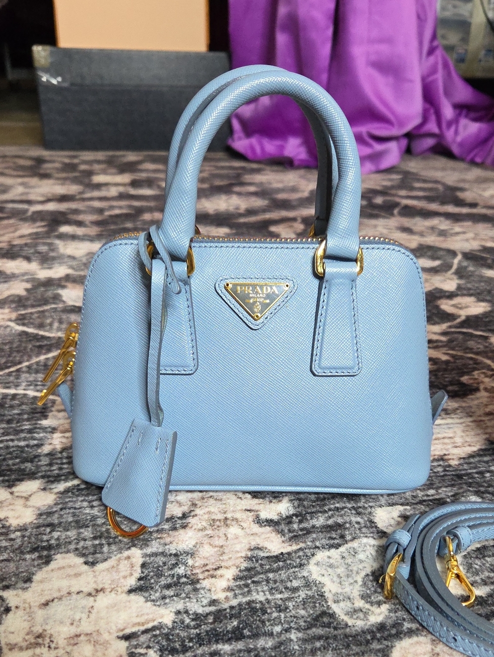 Prada Mini Saffiano Dome Satchel in Light Blue with Gold Hardware